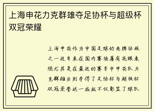 上海申花力克群雄夺足协杯与超级杯双冠荣耀