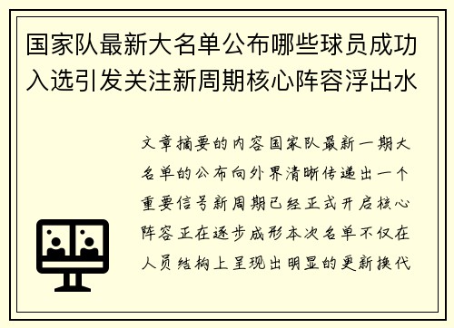 国家队最新大名单公布哪些球员成功入选引发关注新周期核心阵容浮出水面 国家队最新大名单公布哪些球员成功入选引发关注新周期核心阵容浮出水面